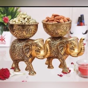 Set of Two Brass Elephant Urli Bowl Ethnic Design Urli Pot For Home Decor